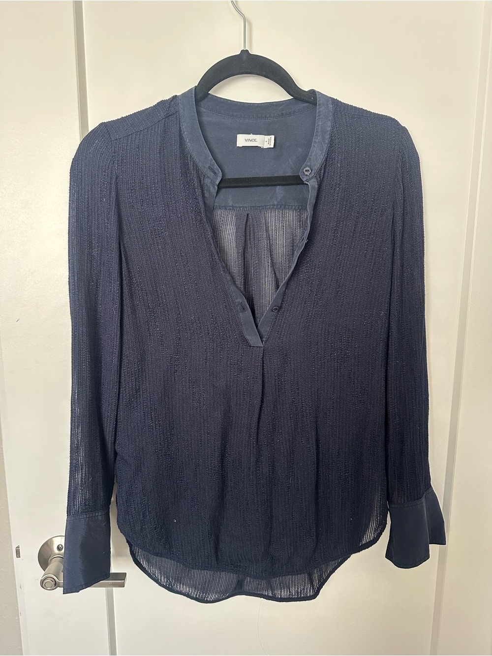 Vince Navy Textured silky Long-Sleeve Henley Top